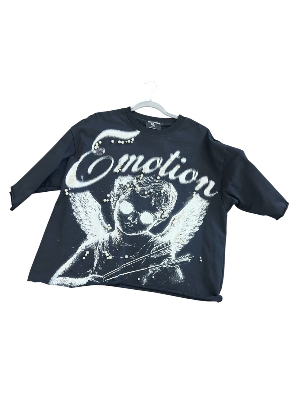 Mixed Emotion Men's Black “Pearl” Cropped Tee 100% Cotton Embellished Pearls